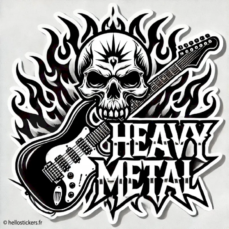sticker autocollant heavy metal tête de mort et guitare autocollant